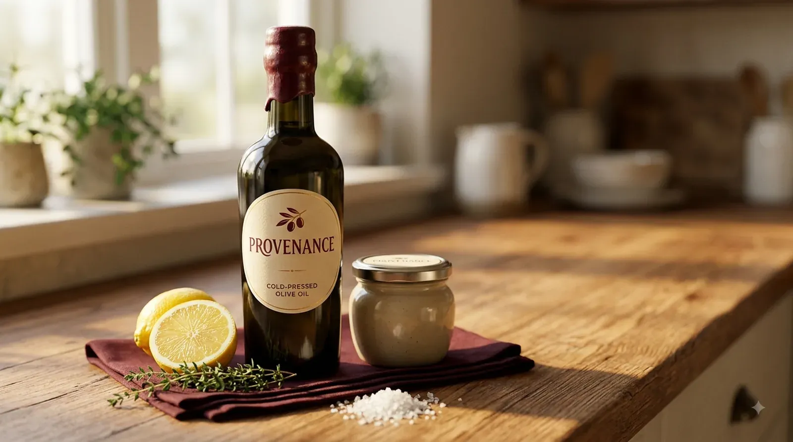 Olive oil bottle and lemon on a wooden kitchen counter with a linen napkin