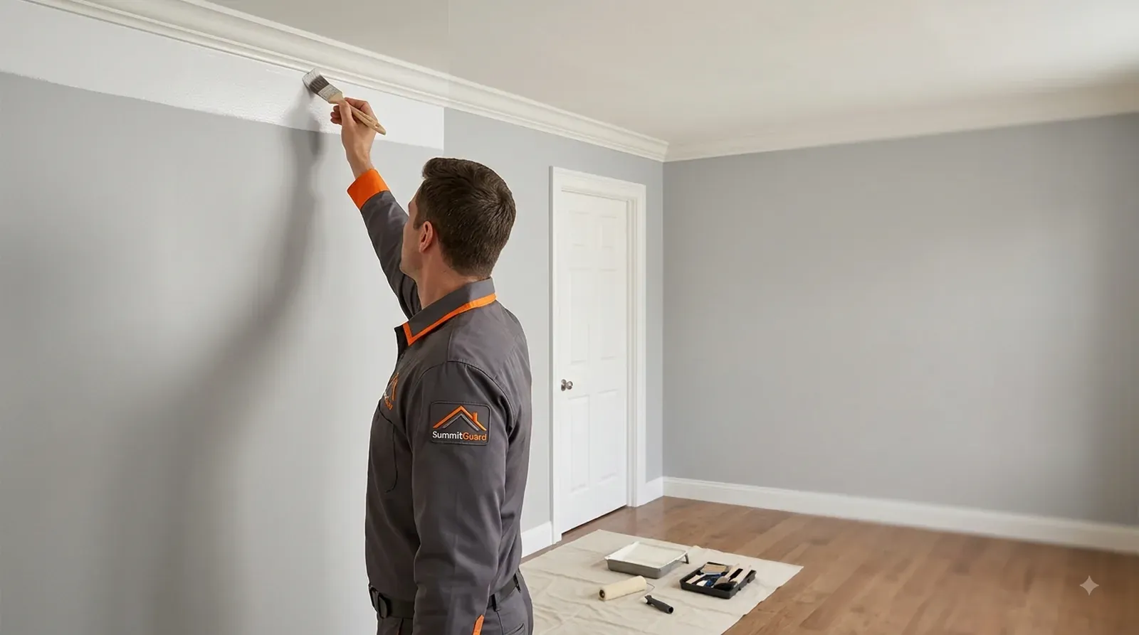 Uniformed technician painting a wall trim, branded work jacket visible