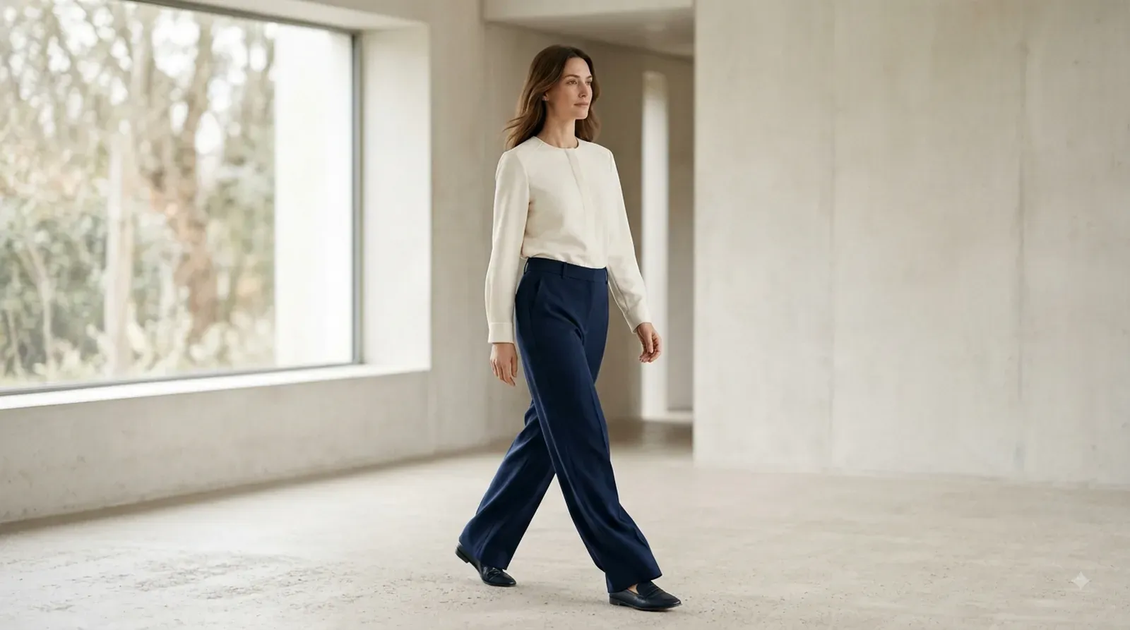 Woman in white knit and dark trousers walking through a minimal concrete interior